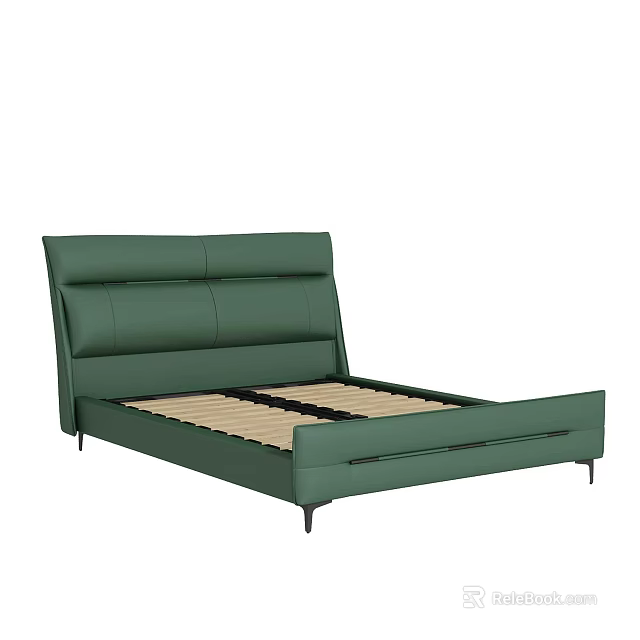 Green Leather Double Bed Modern Headboard Wooden Slats And Black Legs 3d model 