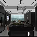 Modern Dining And Living Room Interior With Marble Table Crystal Chandelier And Sofa Area