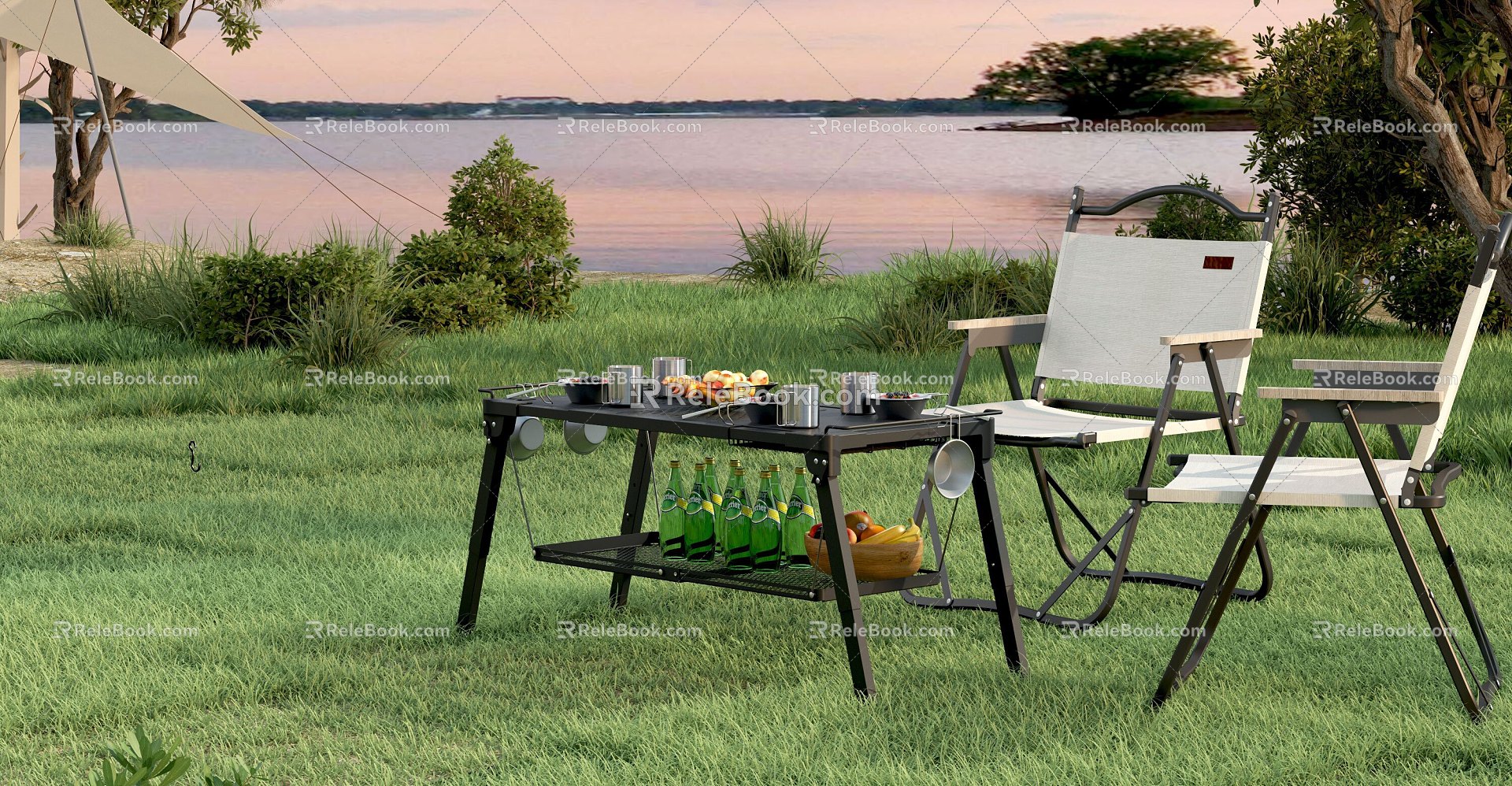 Outdoor Landscape Camping Camping Table and Chair Lake Grass Grill Food Camping Tools Dishes 3d model