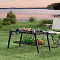 Scenic Lakeside Sunset View with Green Grass Camping Folding Chairs Portable Table Food And Drinks