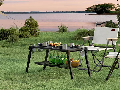 Scenic Lakeside Sunset View with Green Grass Camping Folding Chairs Portable Table Food And Drinks 3d model