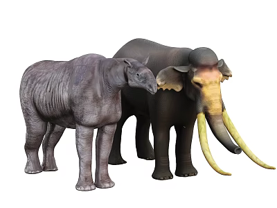 Two Prehistoric Woolly Mammoths With Long Yellowish White Tusks Standing Together 3d model