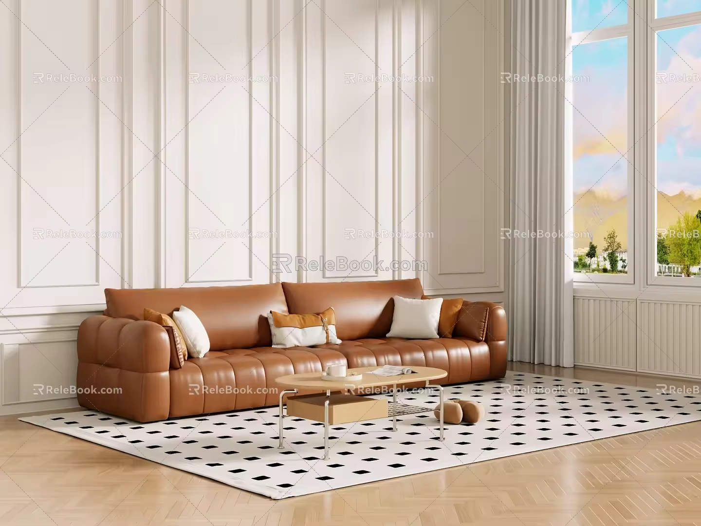 Middle Ancient Sofa Combination Coffee Table Carpet Multiplayer Sofa 3d model