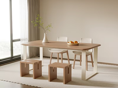 Minimalist Modern Dining Table Set With Wooden Chairs Stools Vase And Fruit Bowl 3d model