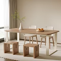 Minimalist Modern Dining Table Set With Wooden Chairs Stools Vase And Fruit Bowl