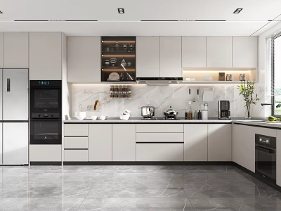 Modern Open Kitchen Interior Design With White Cabinets Island Counter And Appliances 3d model