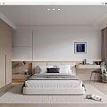 Modern Bedroom Interior With Bed Wardrobe Desk Chair And Window Curtains