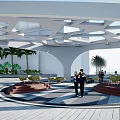 Urban Park Landscape Surrounded By White Buildings Featuring Central Geometric Structure And Palm Trees
