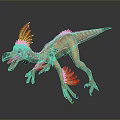 3D Rendered Dinosaur Model with Red Yellow Feathers Head Crest Open Mouth and Sharp Claws