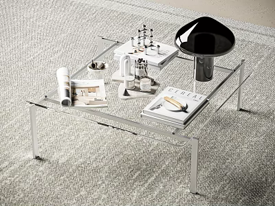 Clear Glass Coffee Table With Transparent Legs And Decorative Items Magazines On Top 3d model