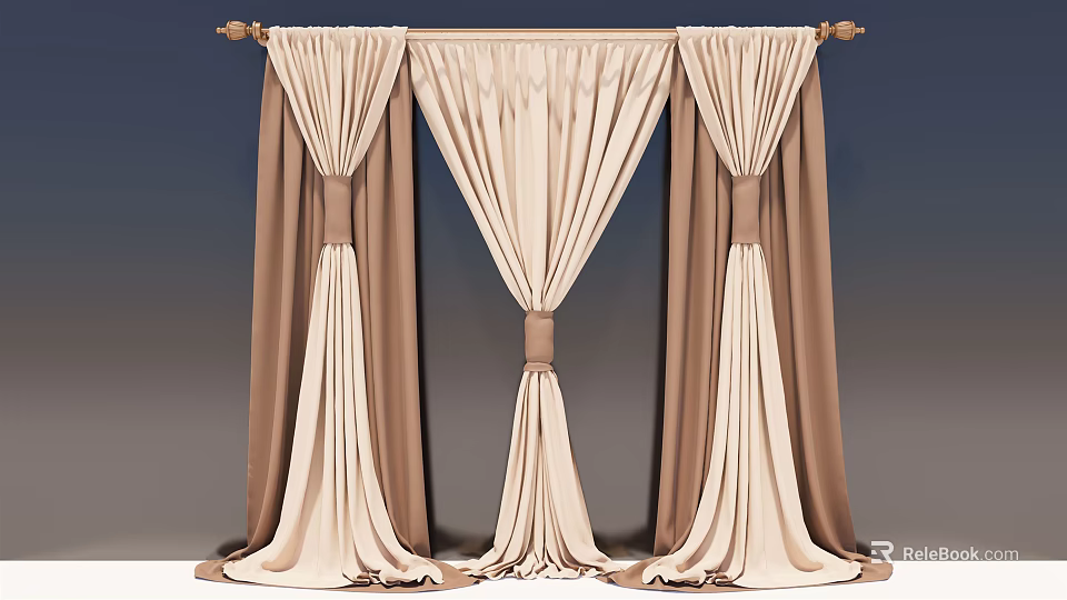 Elegant Beige and Brown Pleated Curtains with Decorative Tiebacks for Window 3d model 
