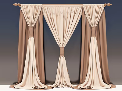 Elegant Beige and Brown Pleated Curtains with Decorative Tiebacks for Window 3d model