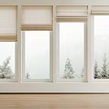 Beige Roll-up Blinds Adorning Four Windows With Scenic Mountain View And Green Trees Outside
