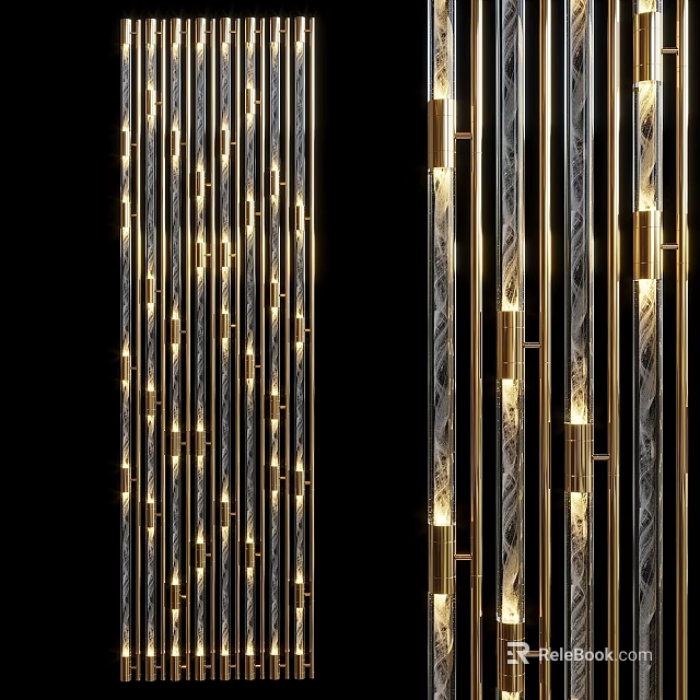 Decorative Hanging Installation with Vertical Gold And Silver Strips Featuring Lighting Effects Against Black Background 3d model 