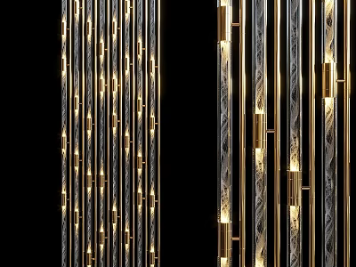 Decorative Hanging Installation with Vertical Gold And Silver Strips Featuring Lighting Effects Against Black Background 3d model