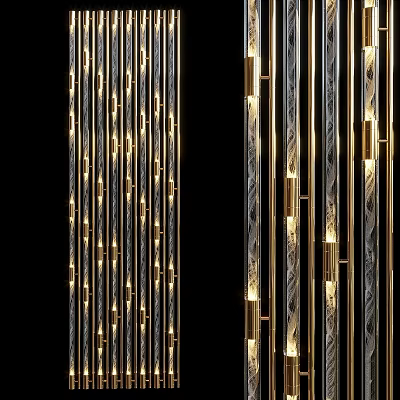 Decorative Hanging Installation with Vertical Gold And Silver Strips Featuring Lighting Effects Against Black Background 3d model