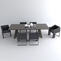 Modern Rectangular Dining Table Set With Black Chairs And Decorative Vase Bowl