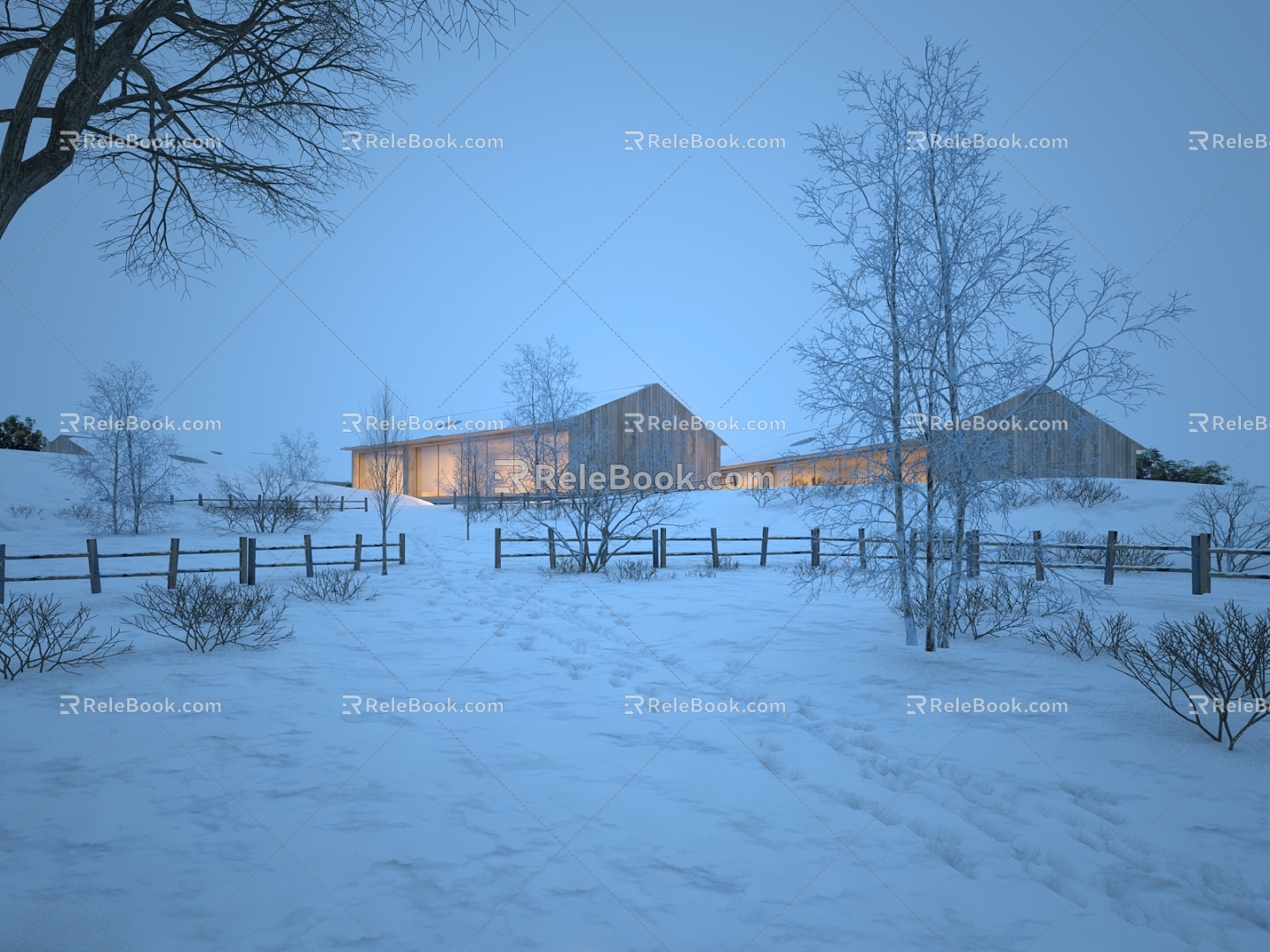 Modern Snow Night Villa 3d model