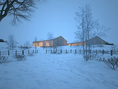 Snowy Landscape With Illuminated Wooden Buildings Trees And Fence At Twilight 3d model
