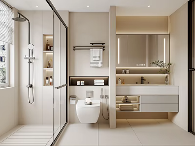 Modern Bathroom Interior Design With Glass Shower Partition Toilet And Vanity Mirror 3d model