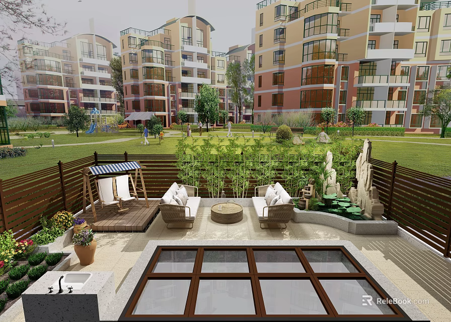 Garden Landscape With High Rise Residential Buildings Outdoor Leisure Area And Green Lawn 3d model 
