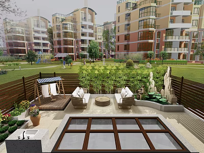 Garden Landscape With High Rise Residential Buildings Outdoor Leisure Area And Green Lawn 3d model