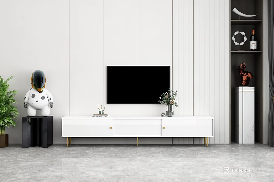 Modern White TV Stand with Golden Legs TV Decorative Vase Flowers and Astronaut Figurine 3d model 