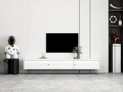Modern White TV Stand with Golden Legs TV Decorative Vase Flowers and Astronaut Figurine 3d model