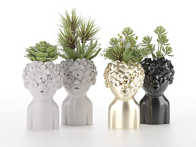 Bonsai Potted Plants In Human Head Shaped Planters With White Grey Gold Black And Succulents 3d model