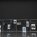 Modern Exhibition Display With Geometric Frames And Hanging Photos On Reflective Floor