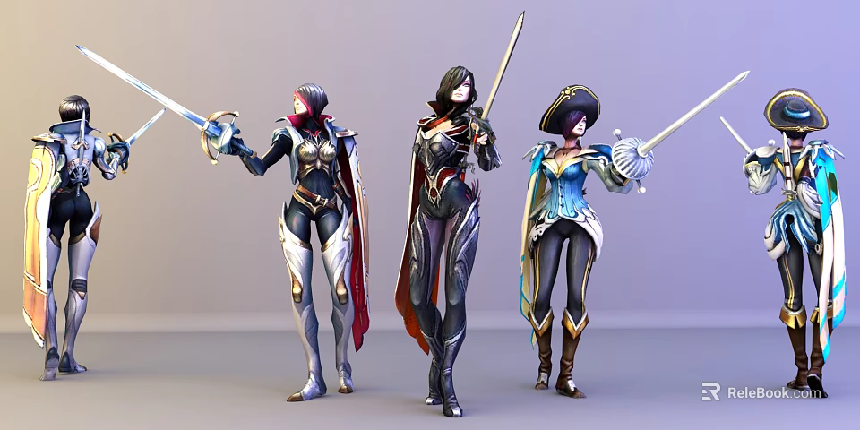 Three Female Game Movie Characters Wearing Detailed Armor Holding Swords Standing Together 3d model 