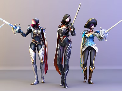 Three Female Game Movie Characters Wearing Detailed Armor Holding Swords Standing Together 3d model