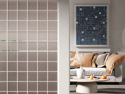 Modern Grid Pattern Room Divider Separating Living Space With Sofa Pillows And Wall Art 3d model