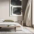 Minimalist Bedroom Interior With Wooden Wardrobes Gray Bed Rug Side Tables And Abstract Painting
