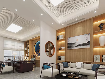 Modern Office Interior With Wooden Bookshelves Sofa Desk Round Mirror And Decorative Painting 3d model