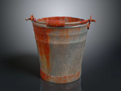 Rusty Metal Bucket With Red Handles For Daily Household Use 3d model