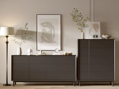 Modern Entryway Console Cabinet And Side Cabinet With Decorative Items Green Plants And Wall Art 3d model
