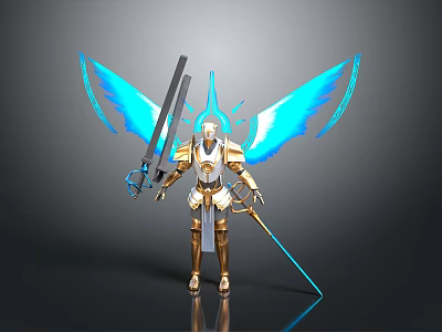 Golden Armored Character With Blue Glowing Wings Holding Long Sword And Spear 3d model