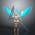 Golden Armored Character With Blue Glowing Wings Holding Long Sword And Spear