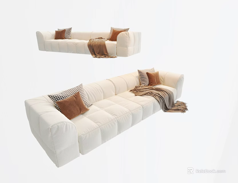 Modern White Large Sofa with Decorative Pillows and Cozy Throw Blanket 3d model