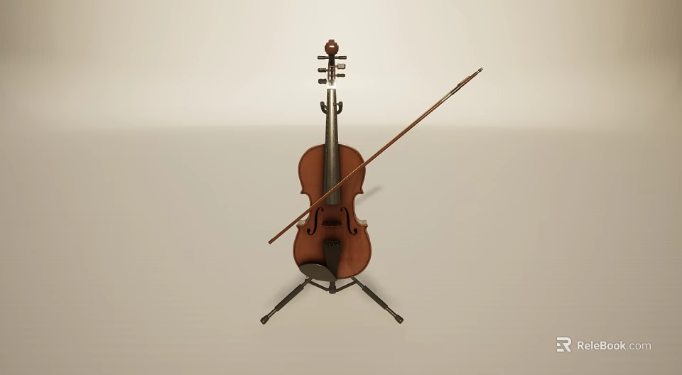 Classical Wooden Violin with Bow Resting on Sturdy Musical Instrument Stand 3d model 