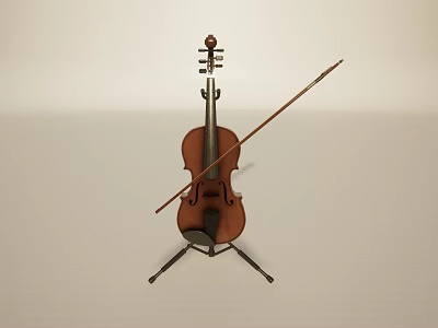 Classical Wooden Violin with Bow Resting on Sturdy Musical Instrument Stand 3d model