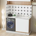 Modern Laundry Room With Washing Machine White Cabinets Black White Diamond Tiles And Floor Lamp