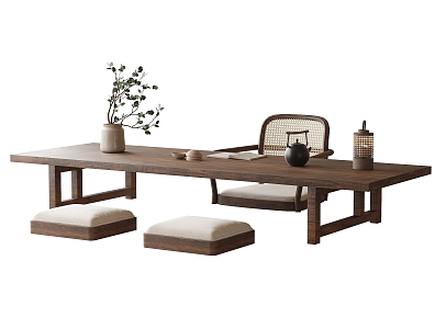 Tatami Tea Table and Chair Combination Tea Table Tea Set Cushion 3d model