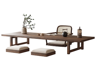 Tatami Tea Table and Chair Combination Tea Table Tea Set Cushion 3d model