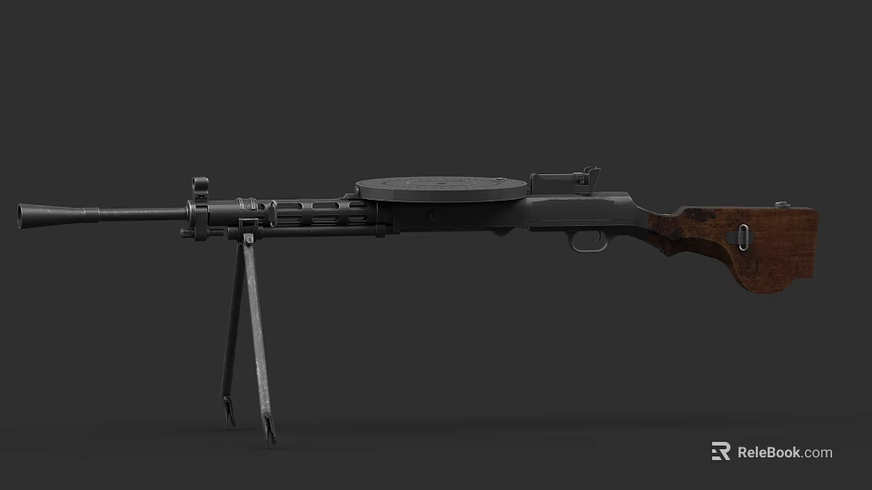 Vintage Military Weapon Rifle With Tripod Wooden Stock And Circular Magazine 3d model 