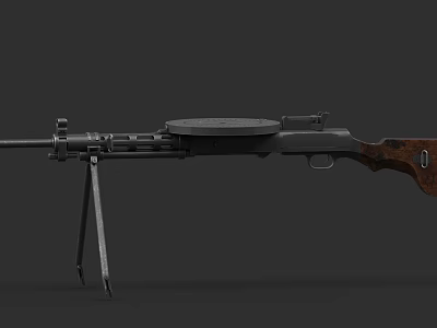 Vintage Military Weapon Rifle With Tripod Wooden Stock And Circular Magazine 3d model