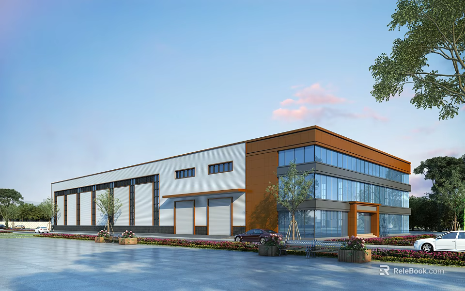 Modern Industrial Factory Building With Glass Facade And Metal Exterior Design 3d model 