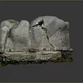 Broken Stone Sculpture With Wooden Base And Natural Grass Surroundings