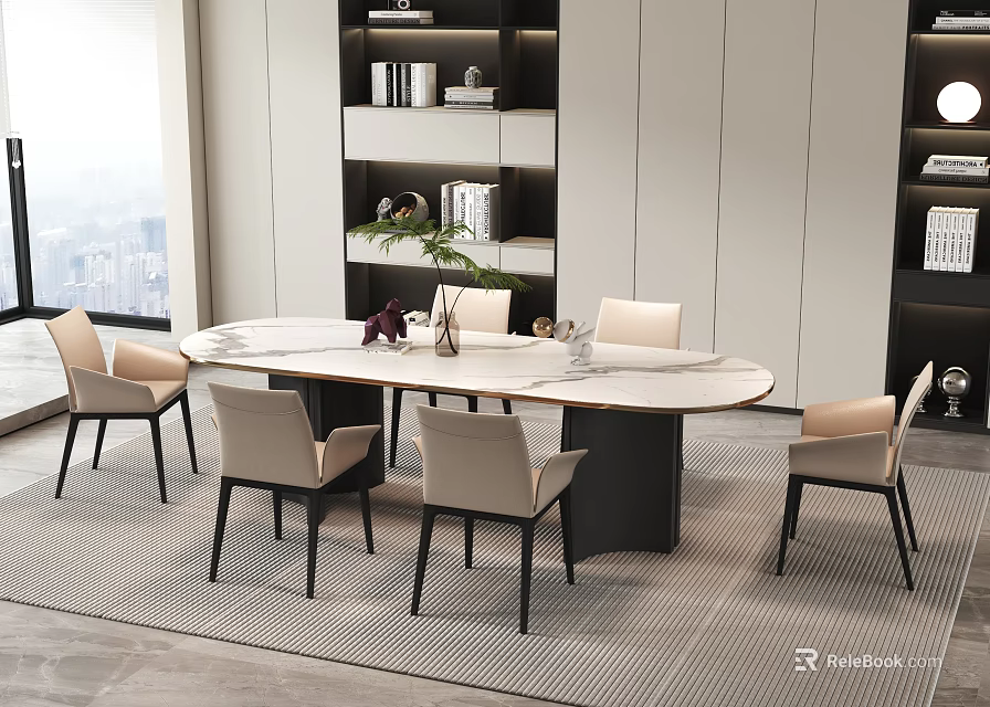 Elegant Modern Oval Dining Table Set with Six Beige Chairs and Bookshelves City View 3d model 